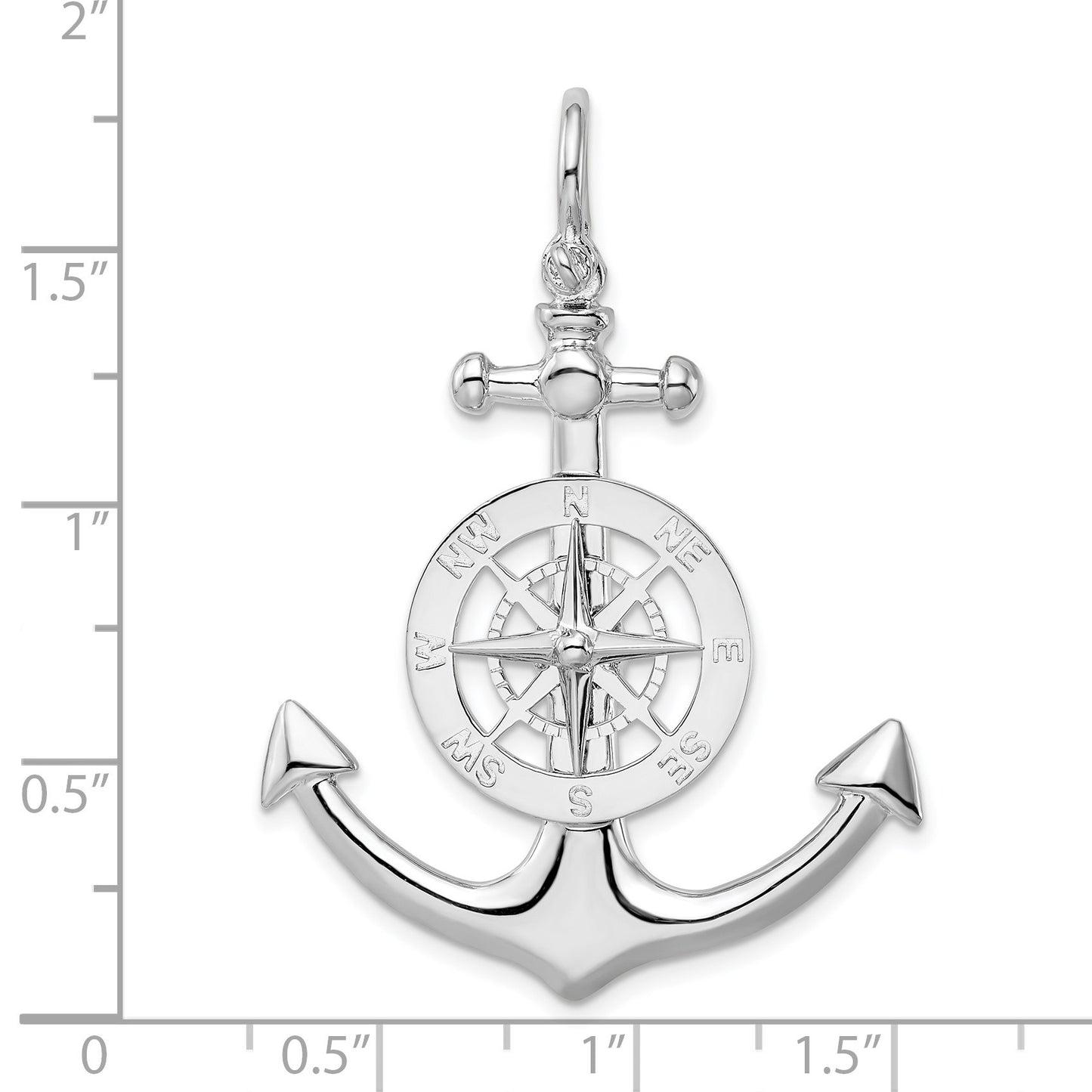 De-Ani Sterling Silver Rhodium-Plated Polished 3D Large Anchor with Compass Pendant