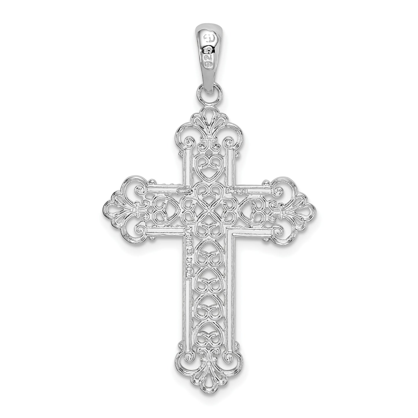 De-Ani Sterling Silver Rhodium-Plated Polished Filigree Fleur de Lis Cross Pendant