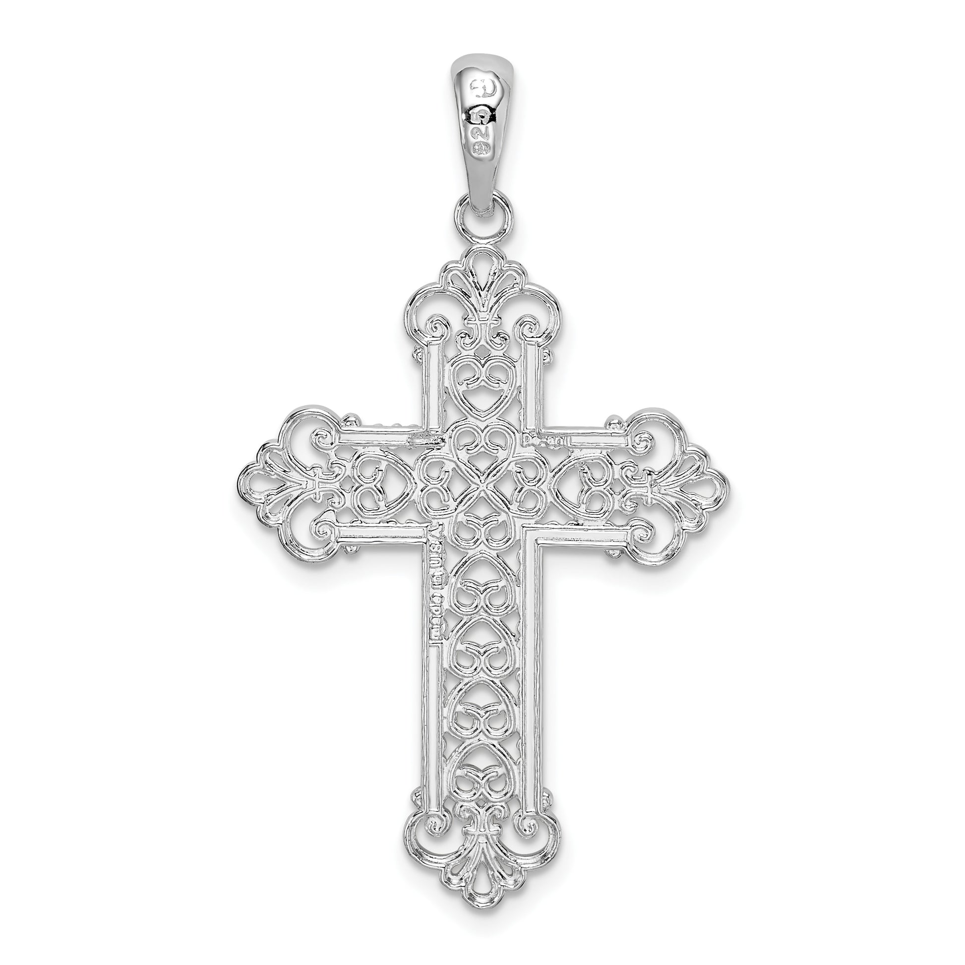 De-Ani Sterling Silver Rhodium-Plated Polished Filigree Fleur de Lis Cross Pendant