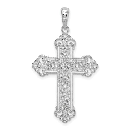 De-Ani Sterling Silver Rhodium-Plated Polished Filigree Fleur de Lis Cross Pendant