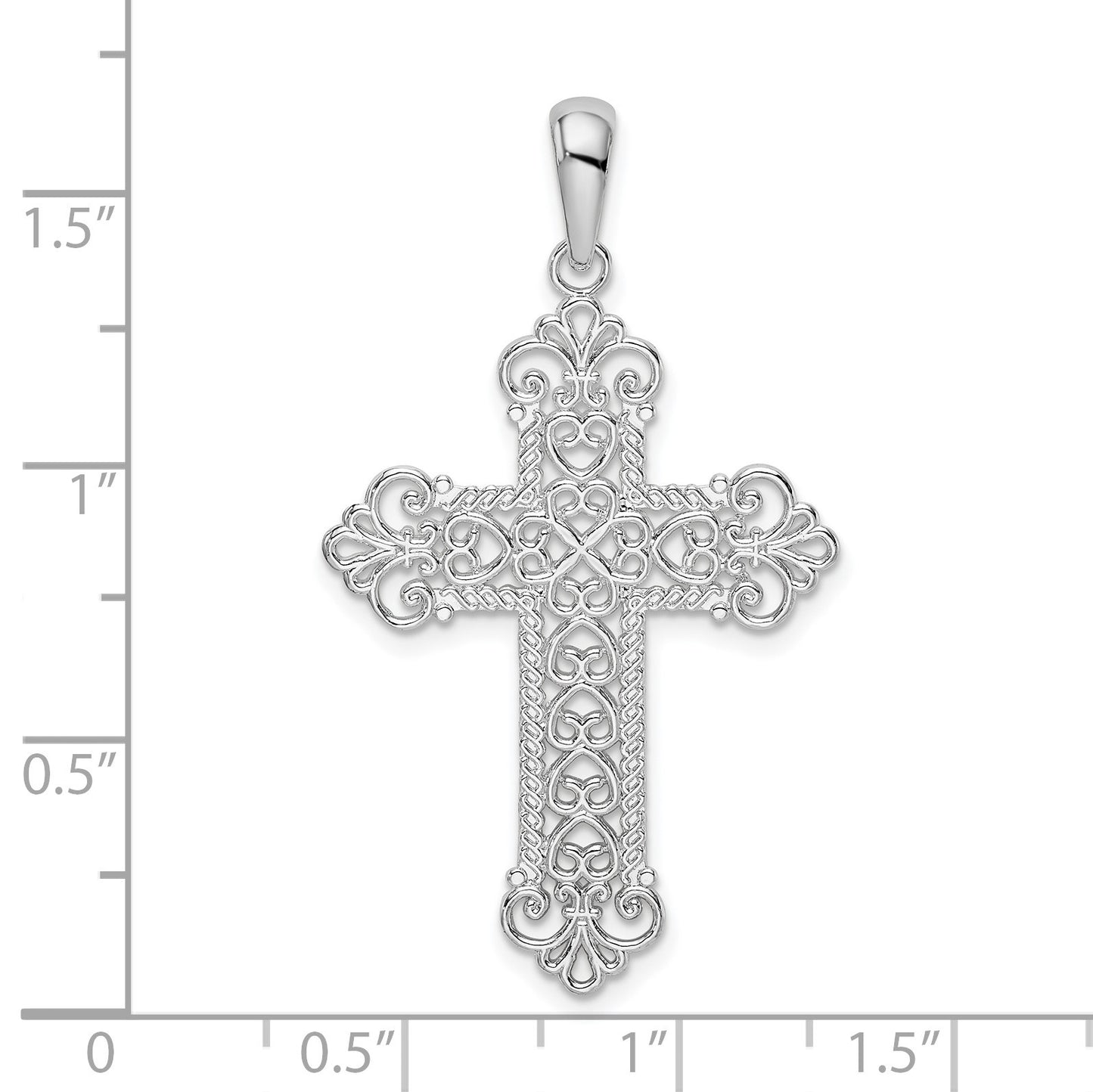 De-Ani Sterling Silver Rhodium-Plated Polished Filigree Fleur de Lis Cross Pendant