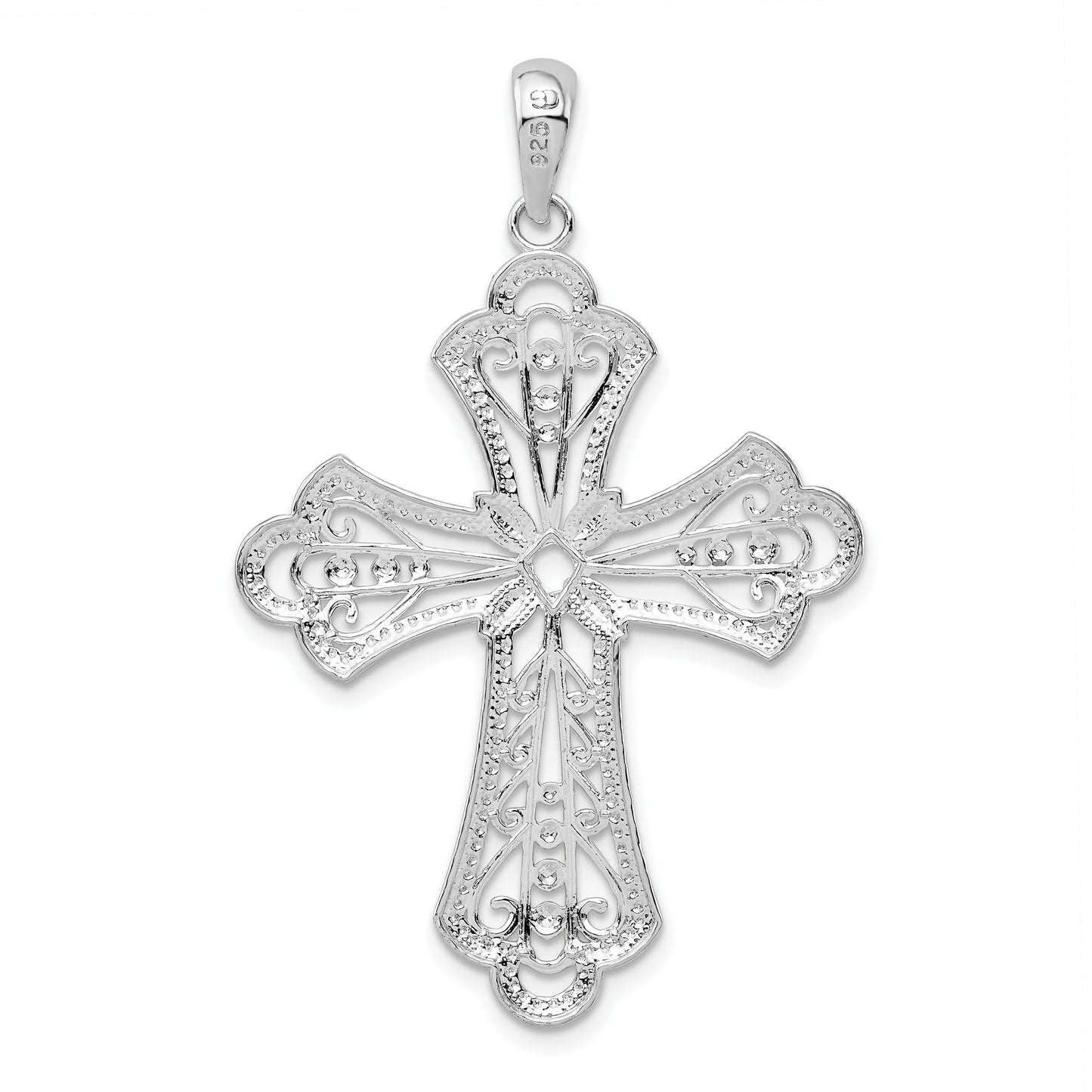 De-Ani Sterling Silver Rhodium-plated Polished Filigree Bead Edge Fleur de Lis Cross Pendant