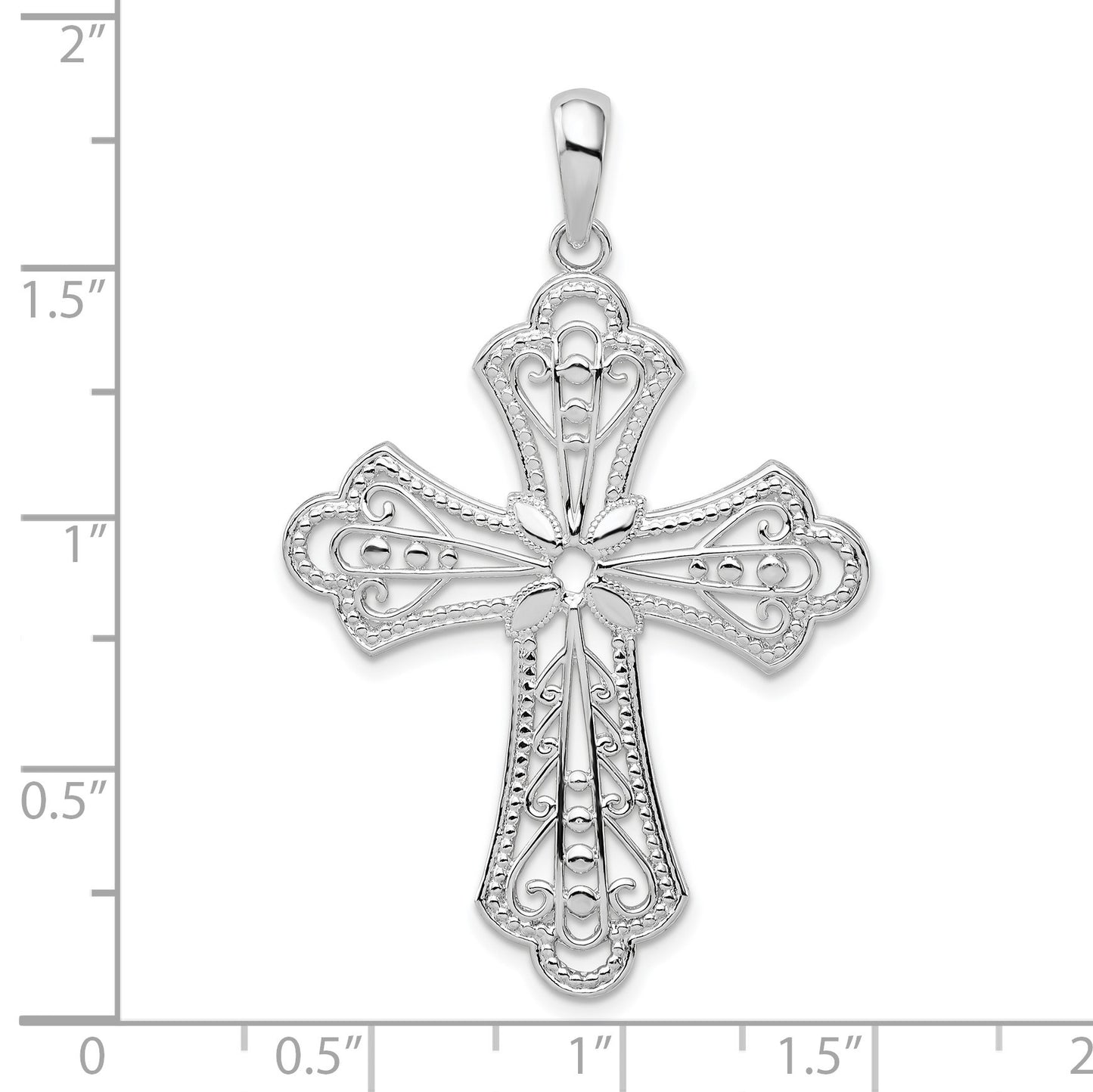 De-Ani Sterling Silver Rhodium-plated Polished Filigree Bead Edge Fleur de Lis Cross Pendant