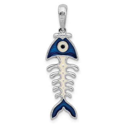 De-Ani Sterling Silver Rhodium-Plated Polished 3D Enameled Fishbone Pendant