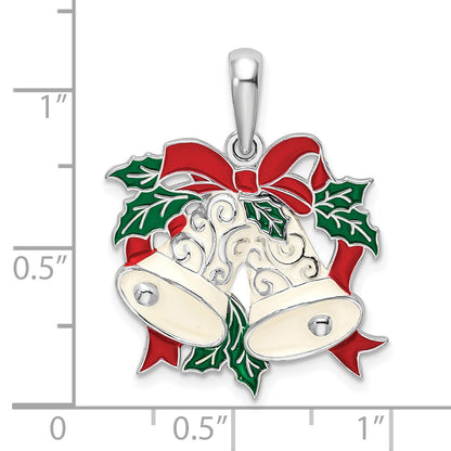 De-Ani Sterling Silver Rhodium-Plated Polished Enameled Bells and Holly Pendant