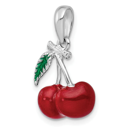 De-Ani Sterling Silver Rhodium-Plated Polished 3D Enameled Cherries Pendant