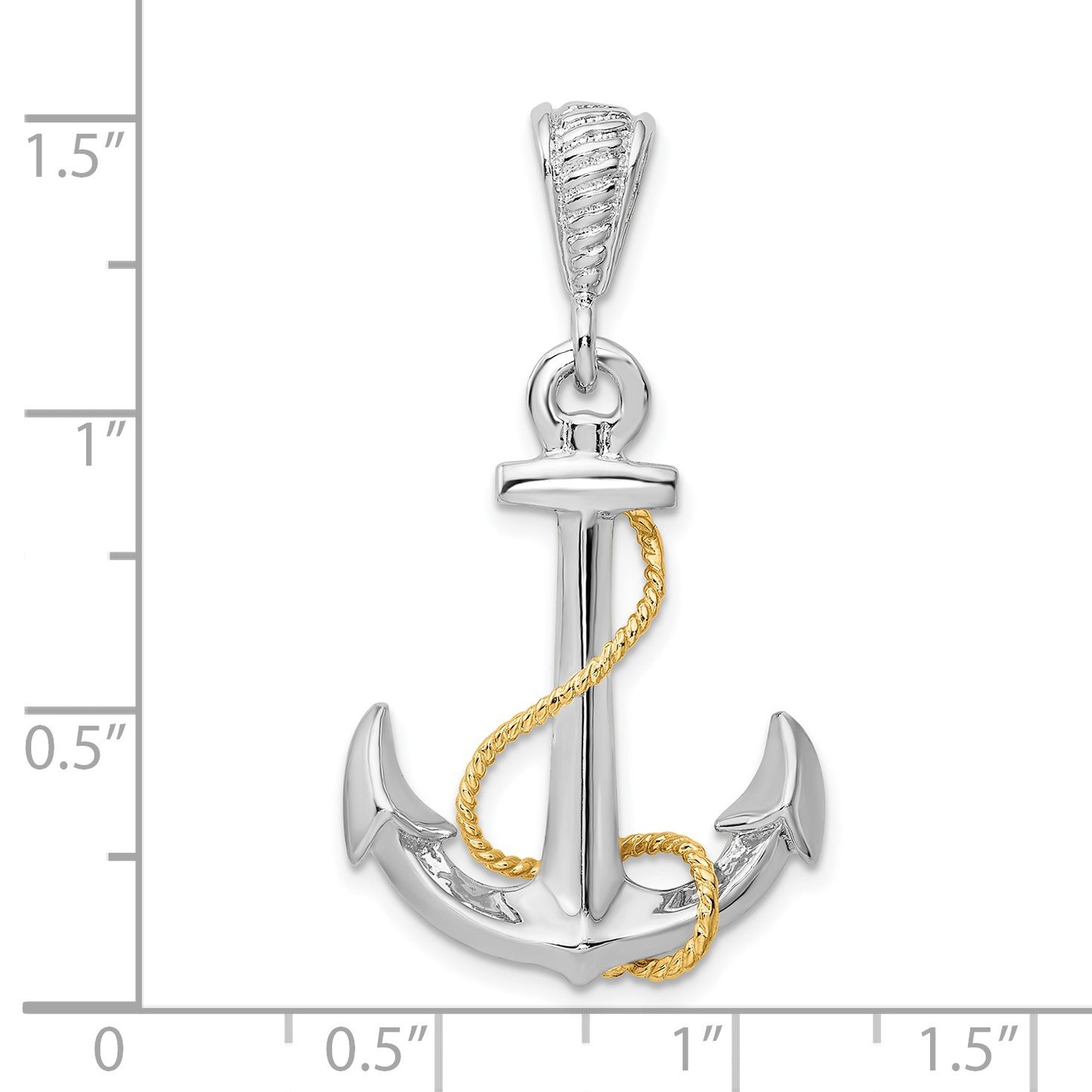 De-Ani Sterling Silver Rhodium-Plated Polished 3D Anchor with 14k Rope Pendant