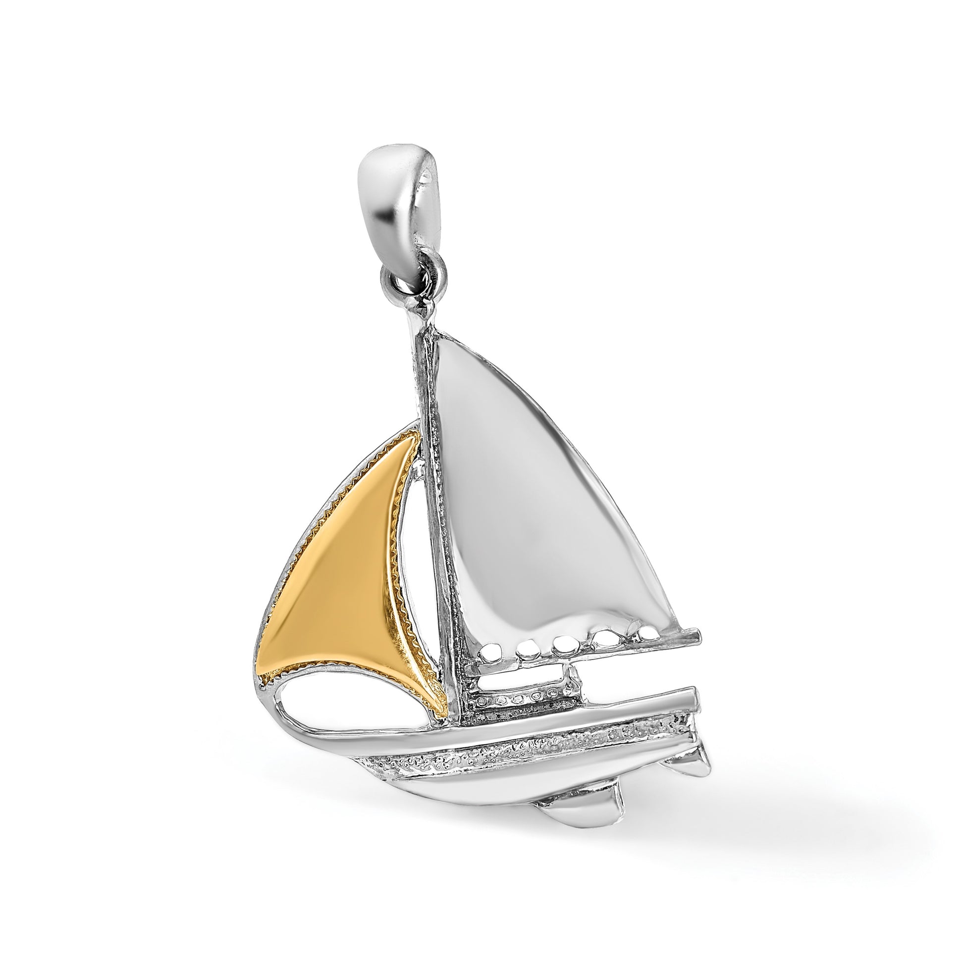 De-Ani Sterling Silver Rhodium-Plated Polished Sailboat with 14k Sail Pendant