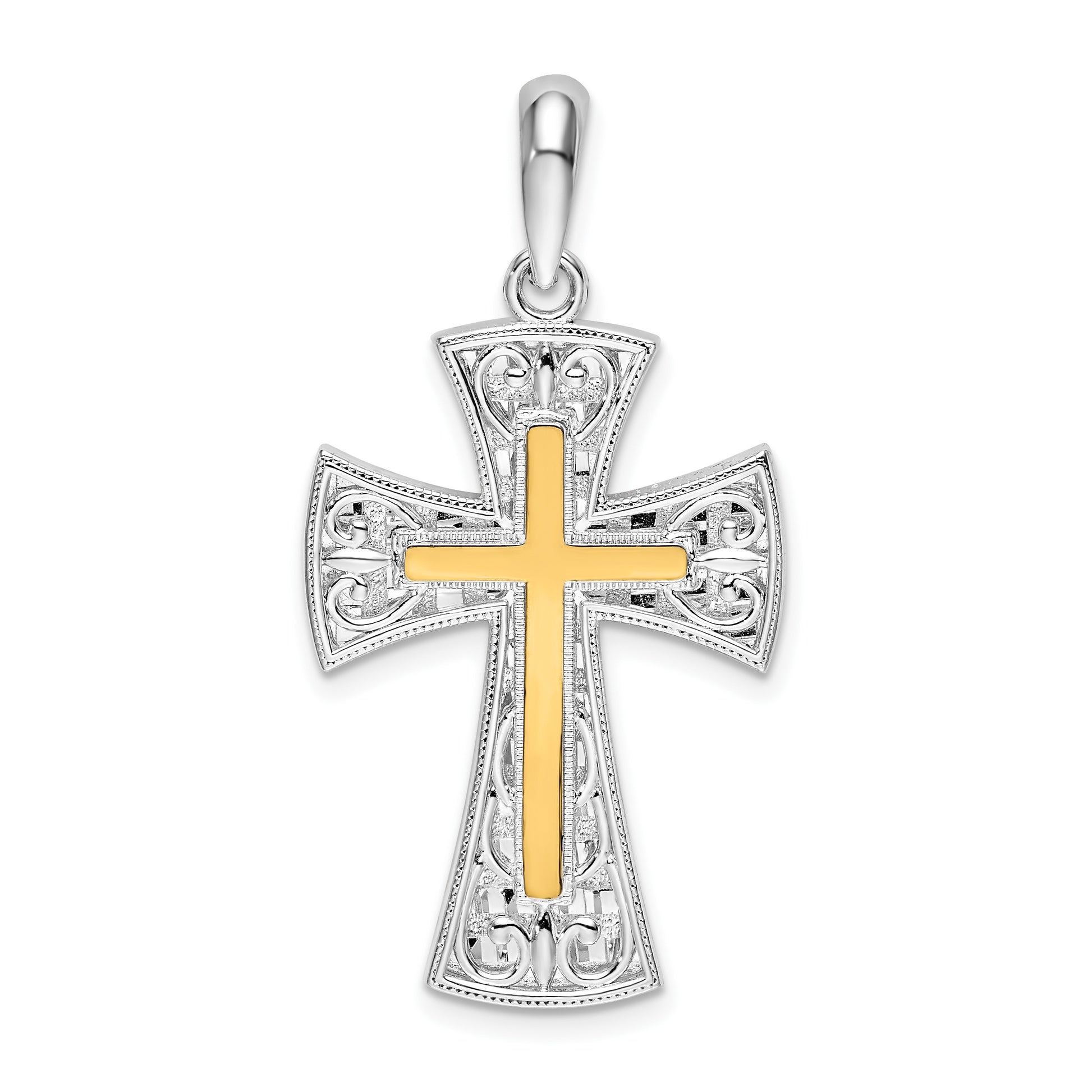 De-Ani Sterling Silver Rhodium-Plated Polished Fancy Cross with 14k Accent Pendant