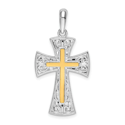 De-Ani Sterling Silver Rhodium-Plated Polished Fancy Cross with 14k Accent Pendant