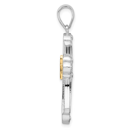 De-Ani Sterling Silver Rhodium-Plated Diamond-Cut Budded Cross with 14k Accent Pendant
