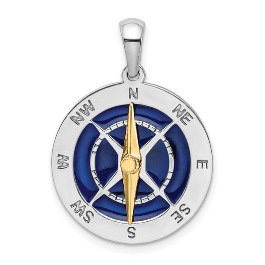 De-Ani Sterling Silver Rhodium-Plated Enameled Compass with 14k Moving Needle Pendant