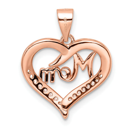 Sterling Silver Rose-plated CZ Mom Heart Pendant