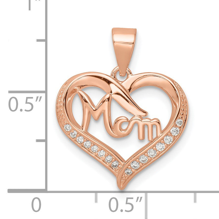 Sterling Silver Rose-plated CZ Mom Heart Pendant