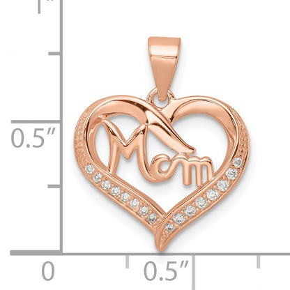 Sterling Silver Rose-plated CZ Mom Heart Pendant