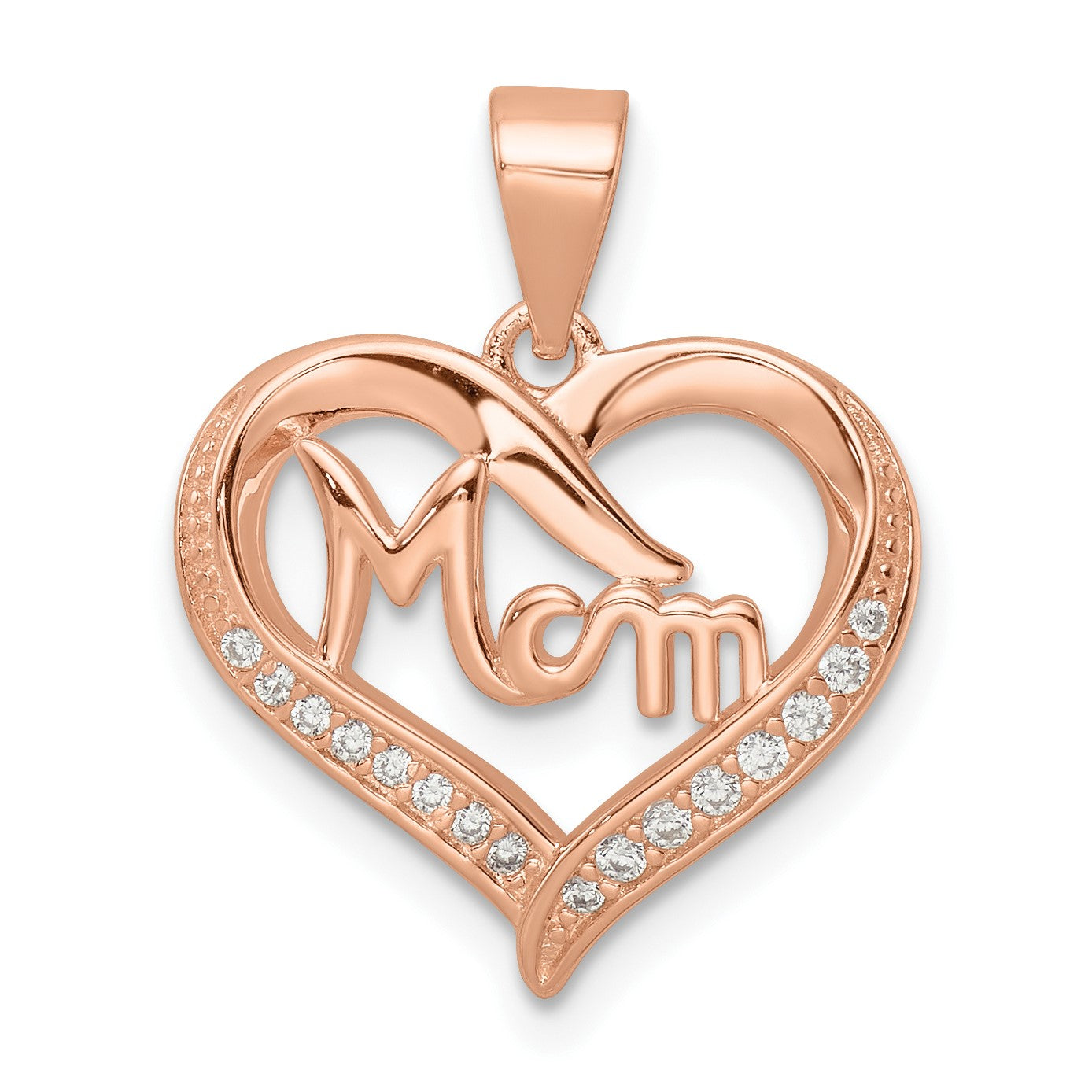 Sterling Silver Rose-plated CZ Mom Heart Pendant