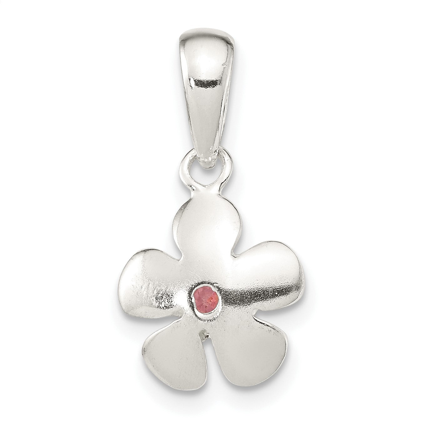 Sterling Silver Brushed & Polished Pink CZ Flower Pendant