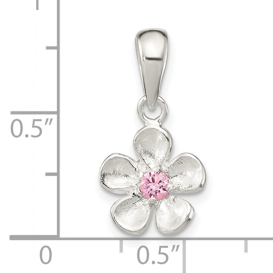 Sterling Silver Brushed & Polished Pink CZ Flower Pendant