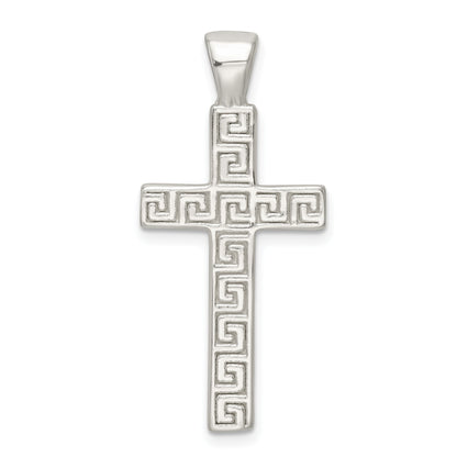 Sterling Silver Polished Greek Key Hollow Latin Cross Pendant