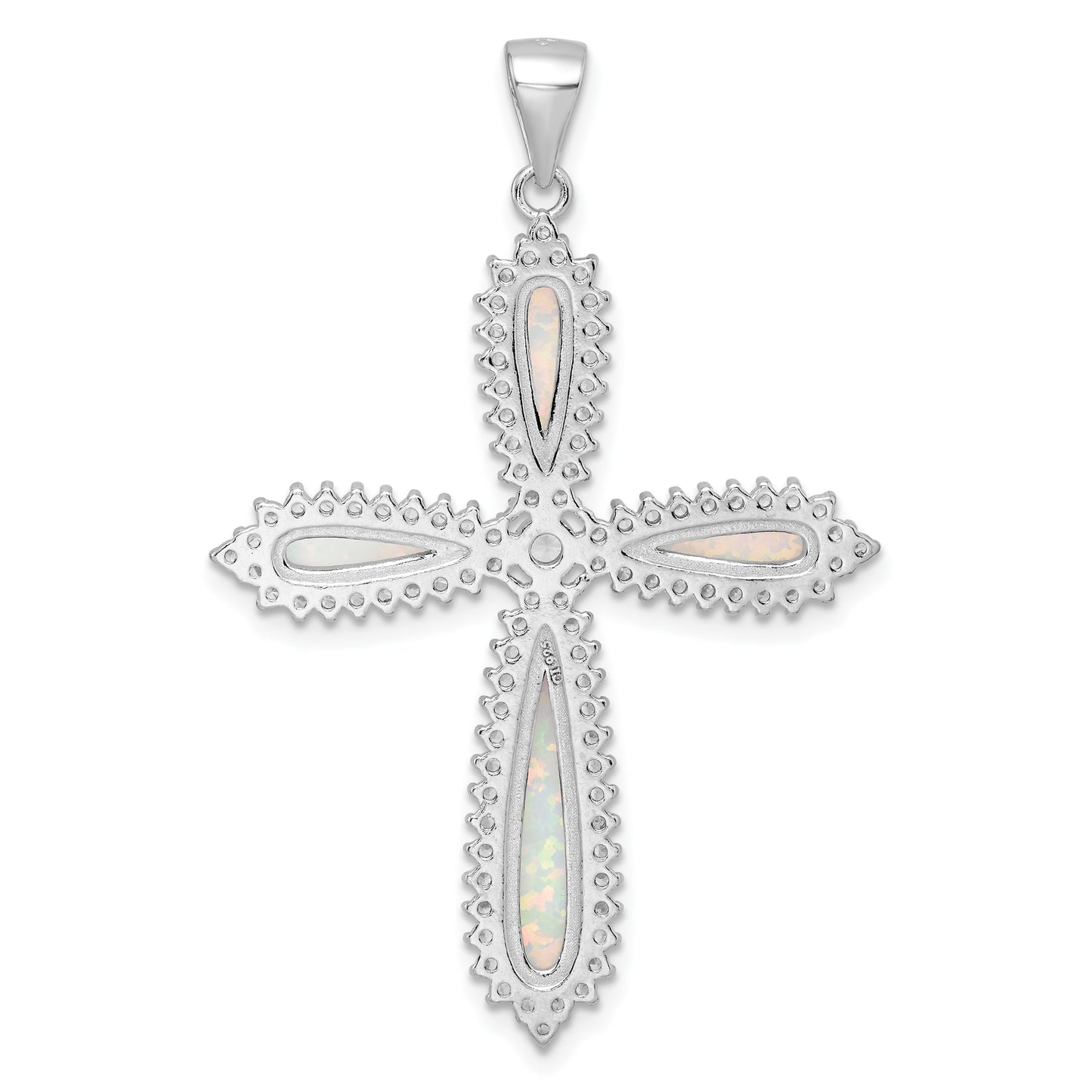 Sterling Silver RH-plated White Created Opal & CZ Border Cross Pendant