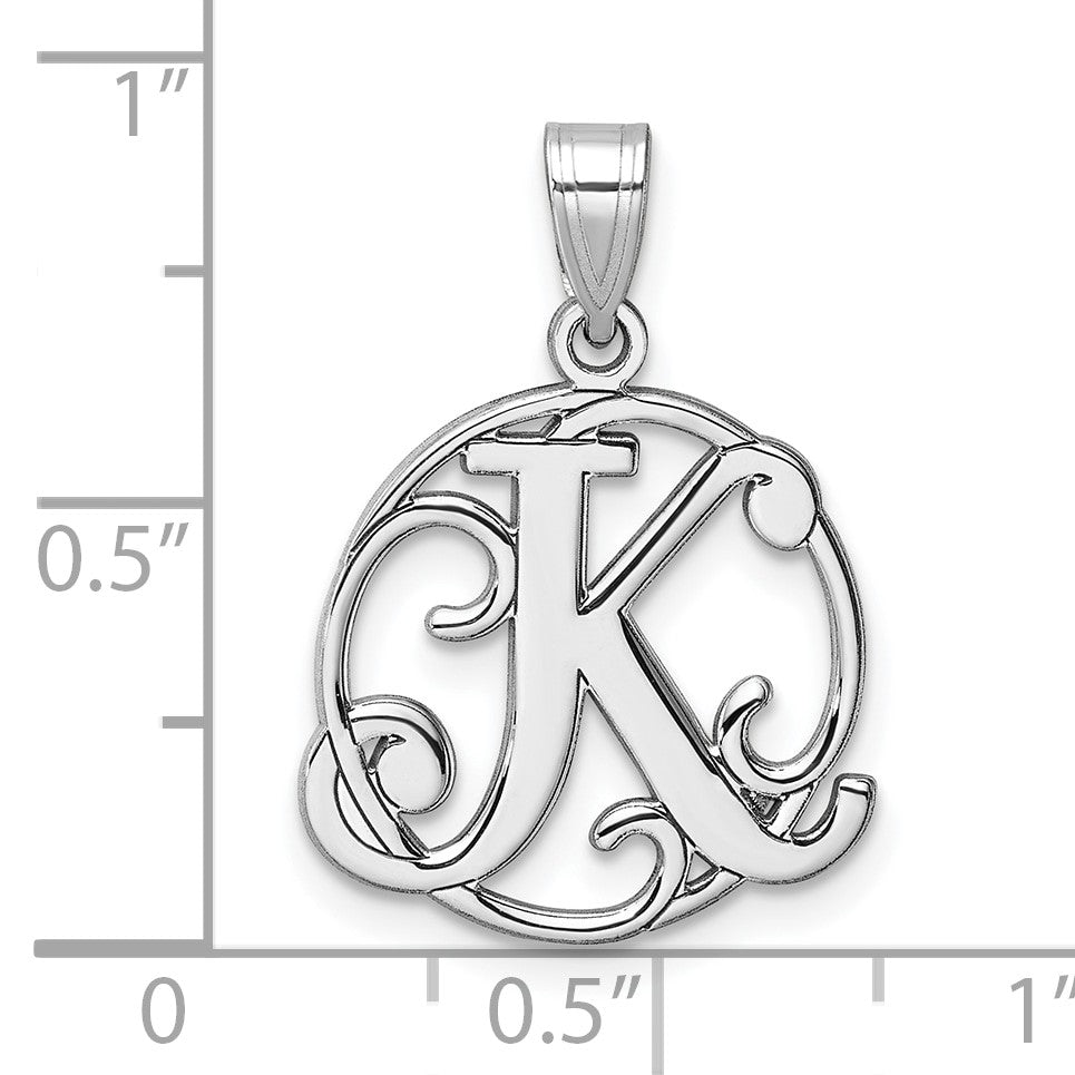 Small Sterling Silver Rhodium-plated Fancy Script Letter K Initial Pendant