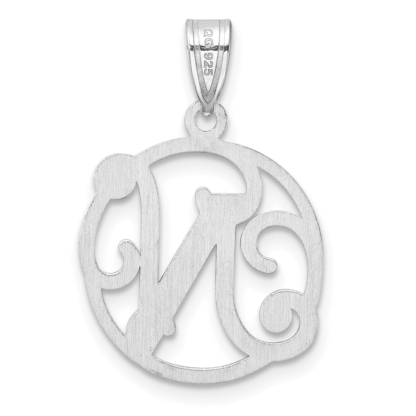 Small Sterling Silver Rhodium-plated Fancy Script Letter N Initial Pendant
