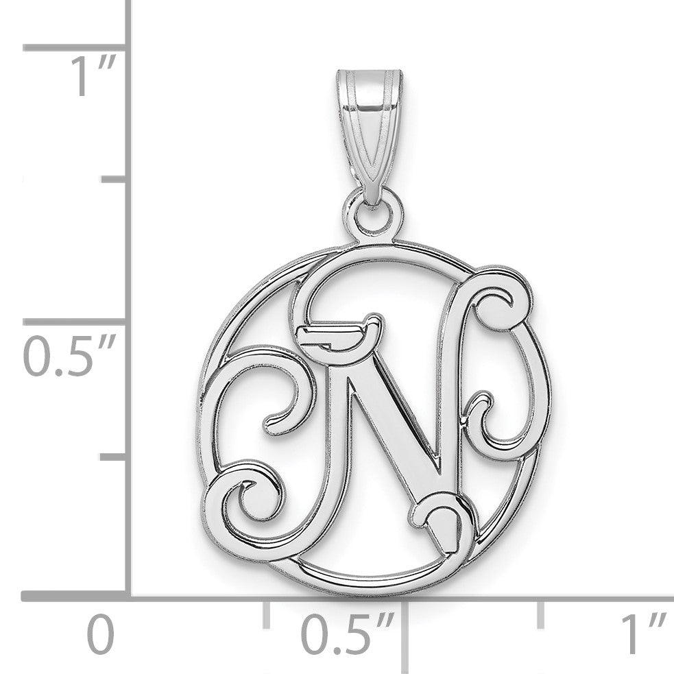 Small Sterling Silver Rhodium-plated Fancy Script Letter N Initial Pendant
