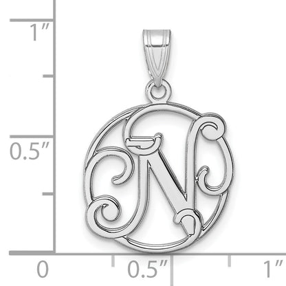 Small Sterling Silver Rhodium-plated Fancy Script Letter N Initial Pendant