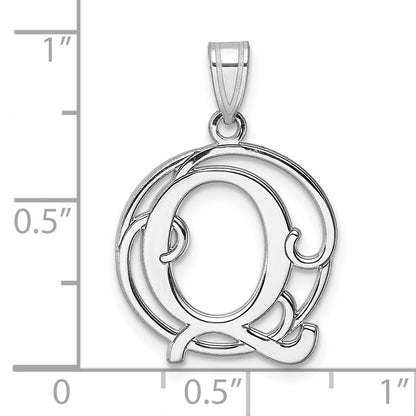 Small Sterling Silver Rhodium-plated Fancy Script Letter Q Initial Pendant