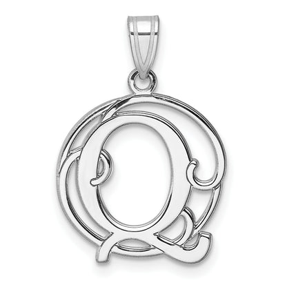 Small Sterling Silver Rhodium-plated Fancy Script Letter Q Initial Pendant