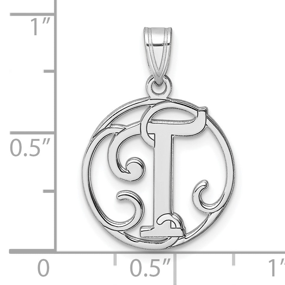 Small Sterling Silver Rhodium-plated Fancy Script Letter T Initial Pendant