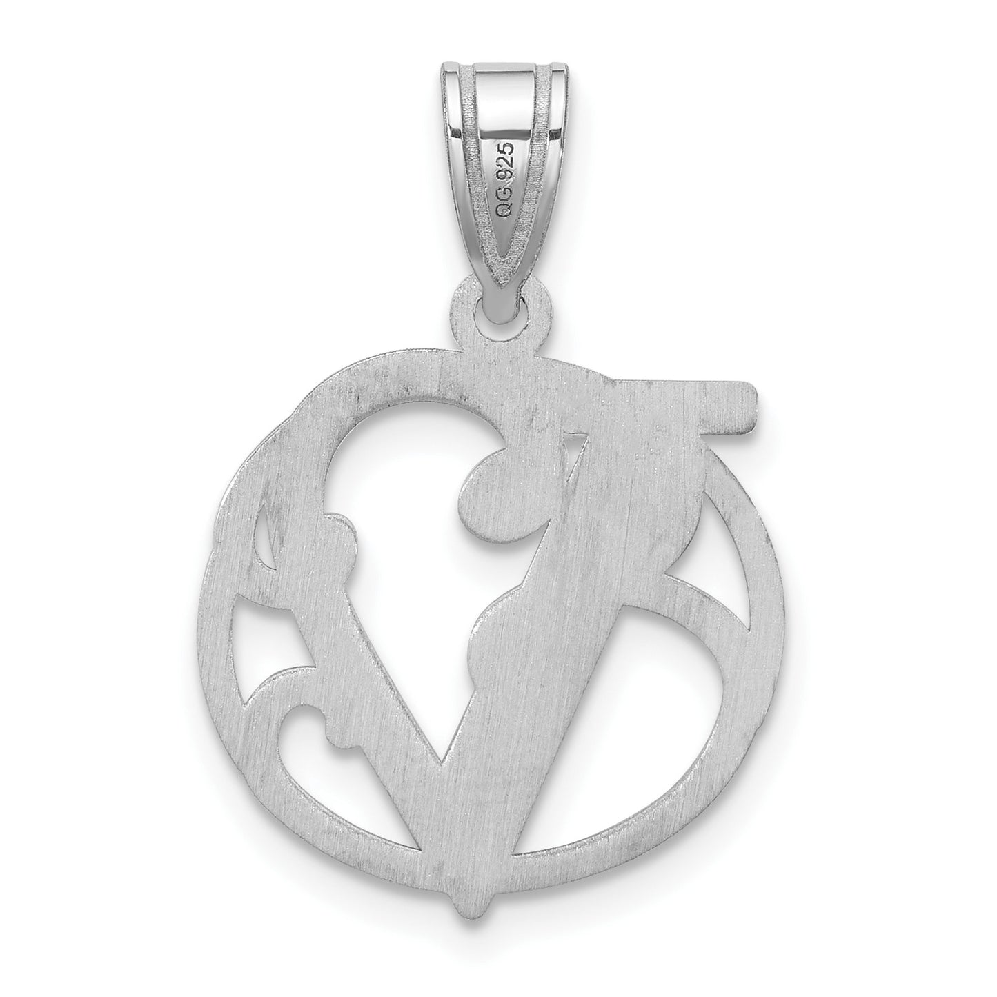 Small Sterling Silver Rhodium-plated Fancy Script Letter V Initial Pendant