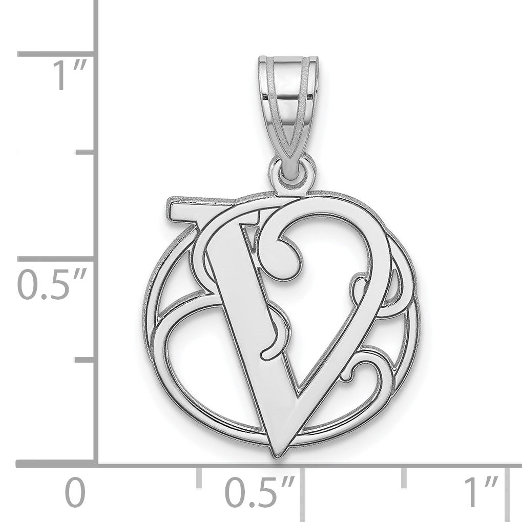 Small Sterling Silver Rhodium-plated Fancy Script Letter V Initial Pendant