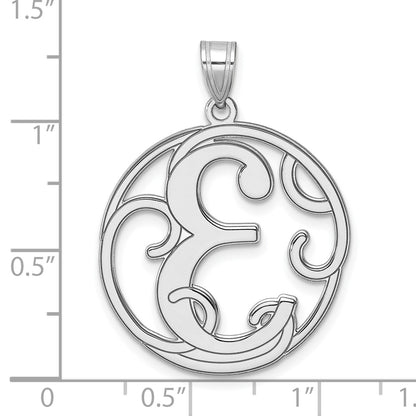 Large Sterling Silver Rhodium-plated Fancy Script Letter E Initial Pendant