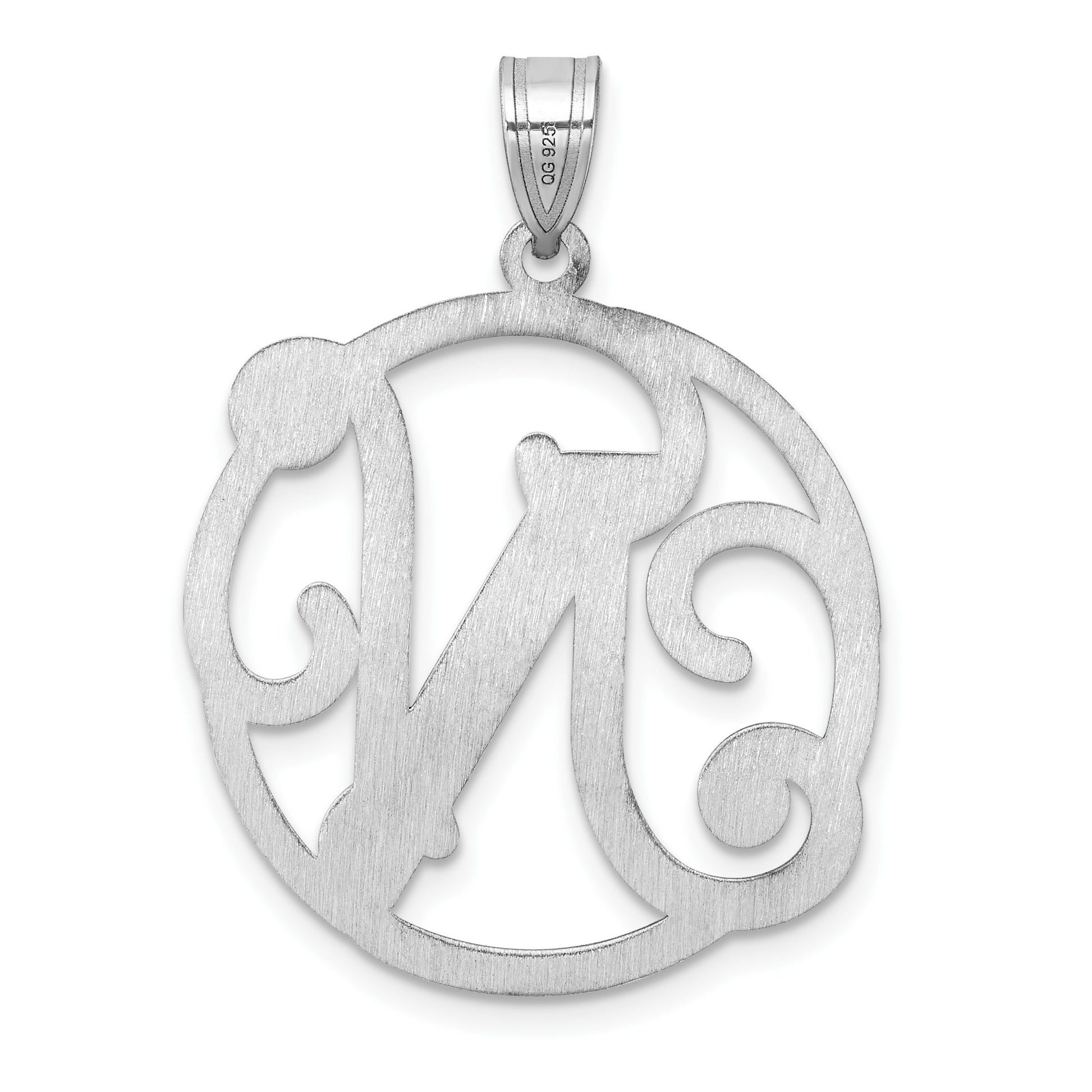Large Sterling Silver Rhodium-plated Fancy Script Letter N Initial Pendant