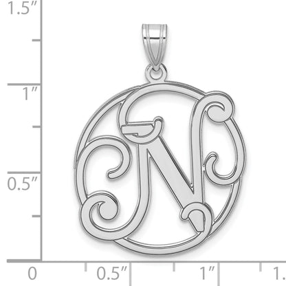 Large Sterling Silver Rhodium-plated Fancy Script Letter N Initial Pendant