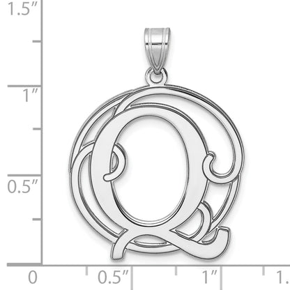 Large Sterling Silver Rhodium-plated Fancy Script Letter Q Initial Pendant