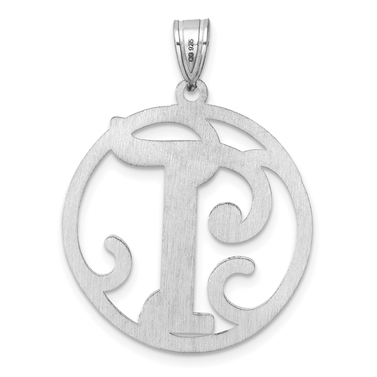 Large Sterling Silver Rhodium-plated Fancy Script Letter T Initial Pendant