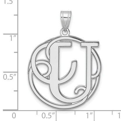 Large Sterling Silver Rhodium-plated Fancy Script Letter U Initial Pendant