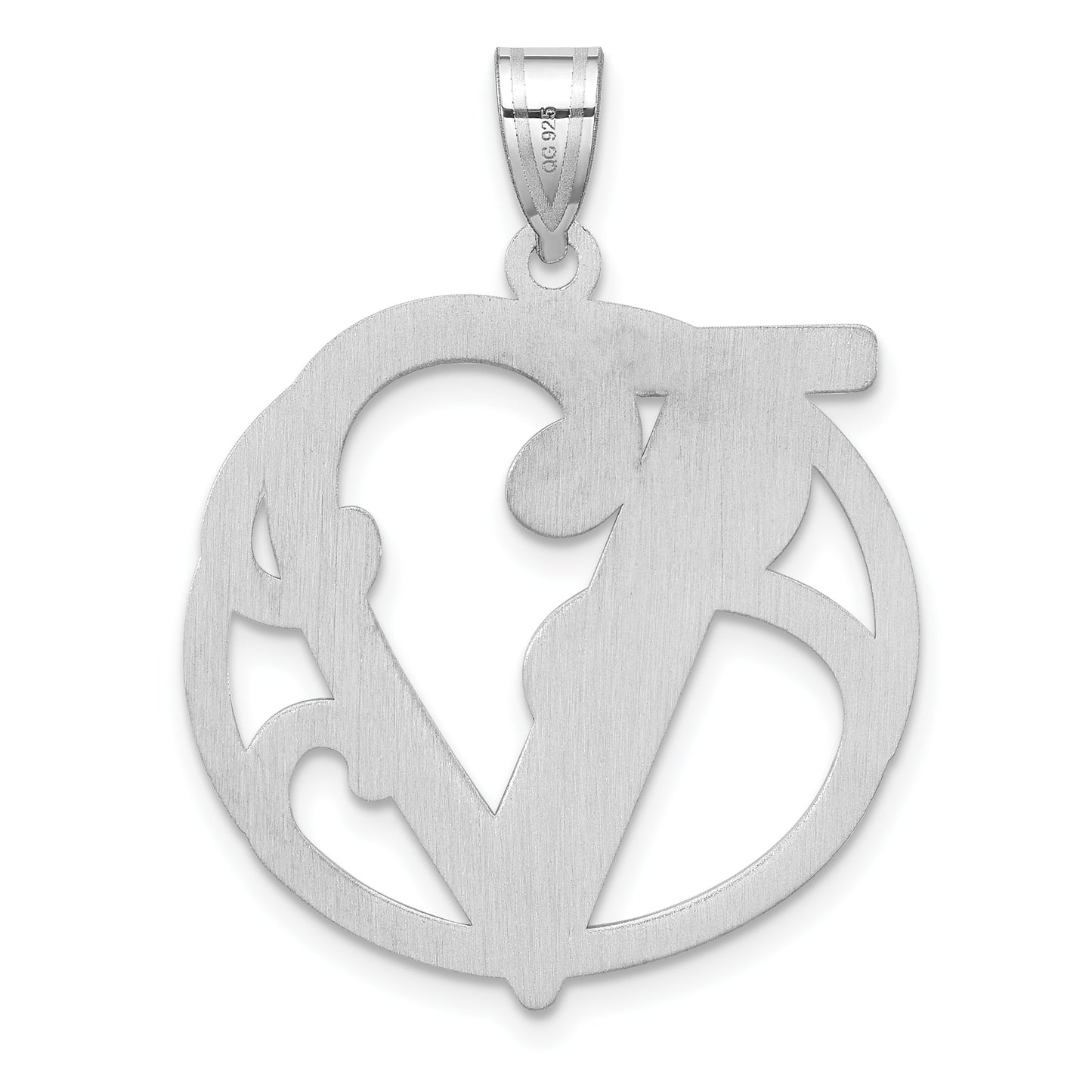 Large Sterling Silver Rhodium-plated Fancy Script Letter V Initial Pendant