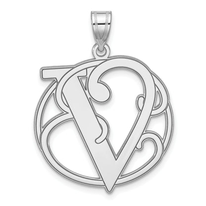 Large Sterling Silver Rhodium-plated Fancy Script Letter V Initial Pendant
