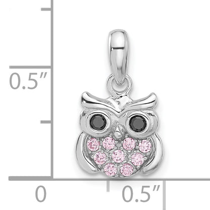 Sterling Silver Rhodium-plated Pink/Black CZ Owl Pendant