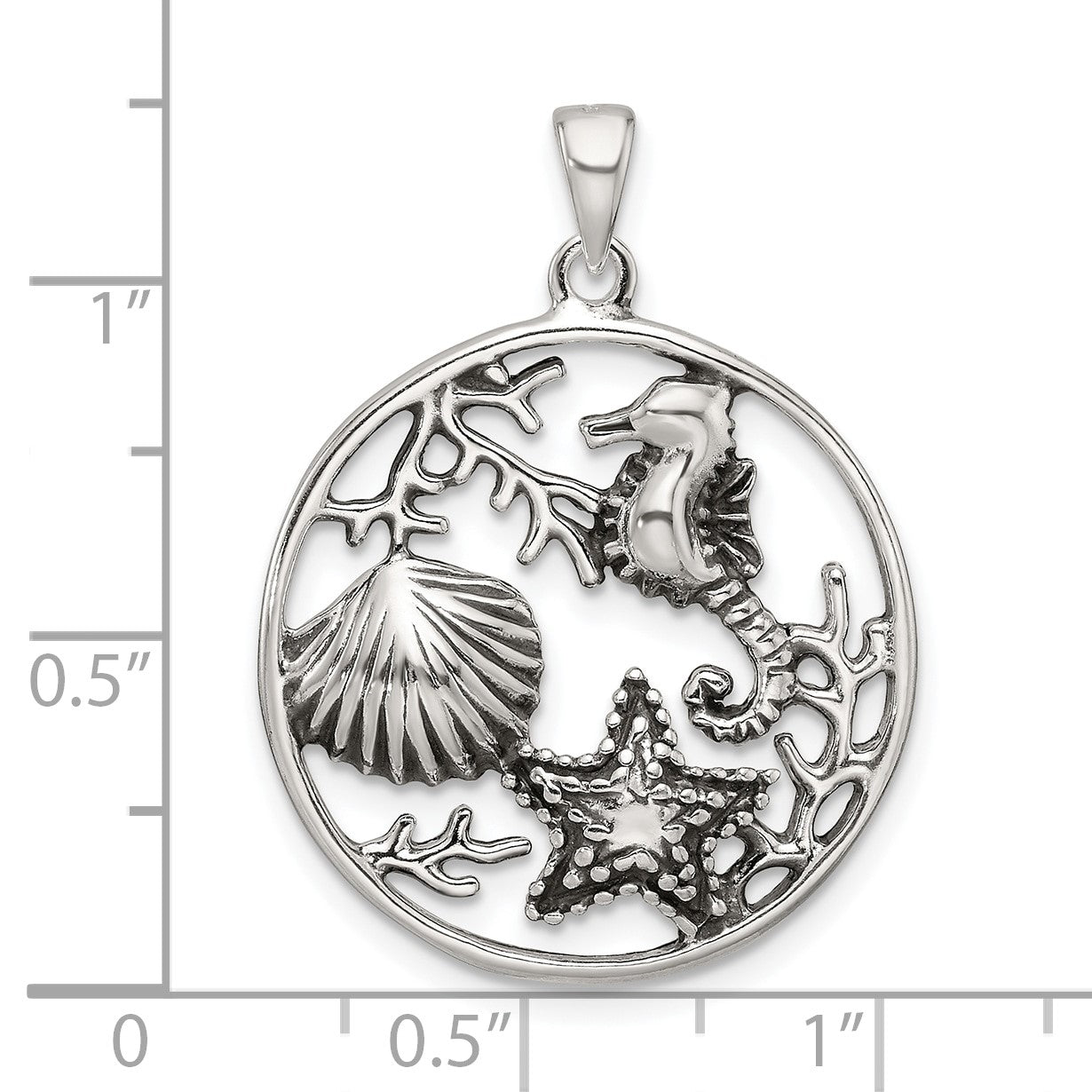 Sterling Silver Polished and Antiqued Sea Life Circle Pendant