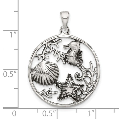 Sterling Silver Polished and Antiqued Sea Life Circle Pendant