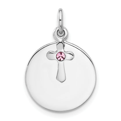 SS Rhodium-plated Circle Disk and Cross with Pink Crystal Pendant