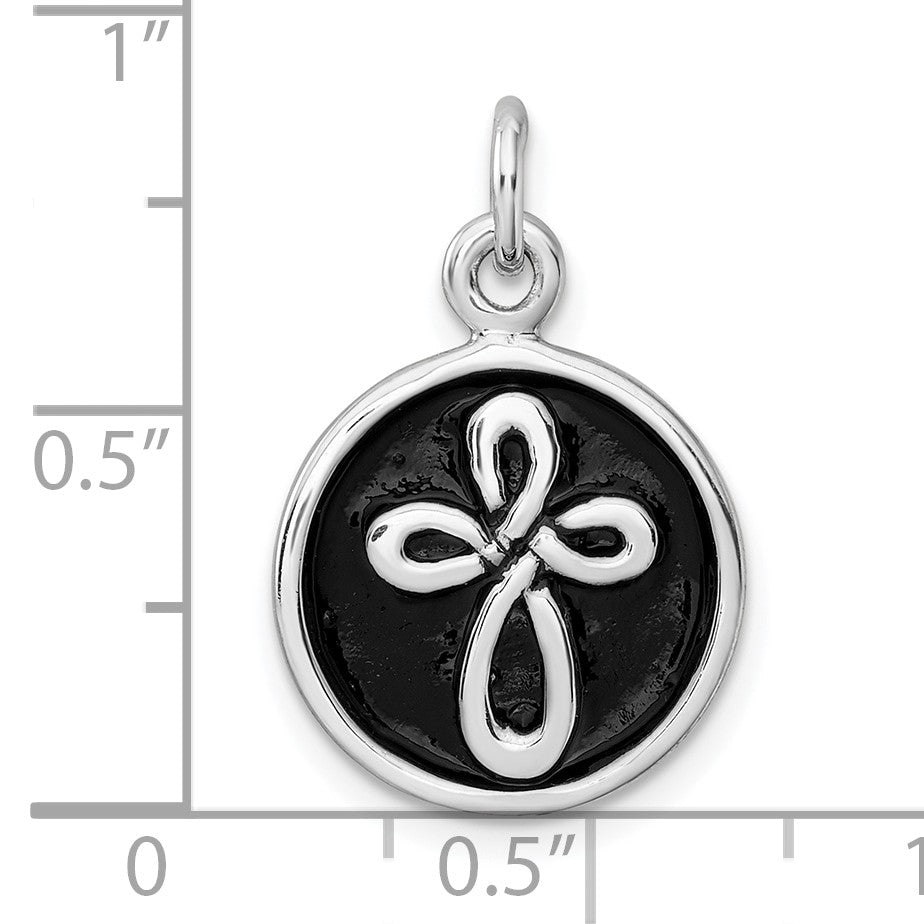Sterling Silver Rhodium-plated Antiqued Round Cross Pendant