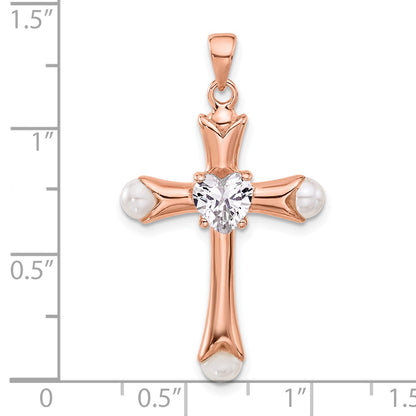 Sterling Silver Rose-tone Heart CZ and Synthetic Pearl Cross Pendant