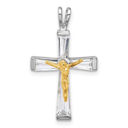 Sterling Silver Rhodium-plated Gold-tone CZ Crucifix Pendant