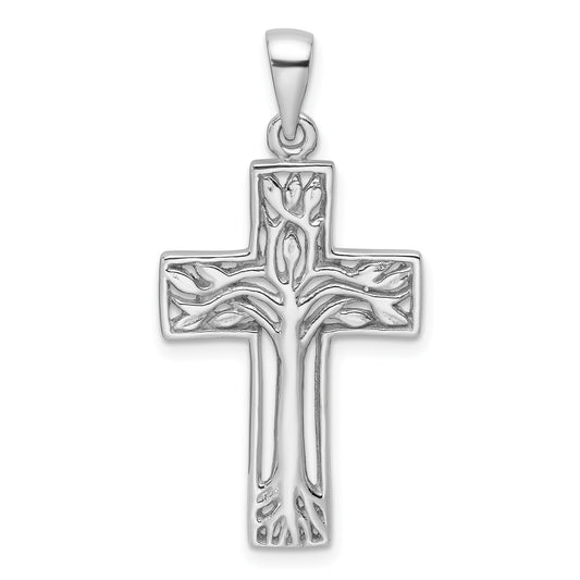 Sterling Silver Rhodium-Plated Polished Cross with Tree Pendant