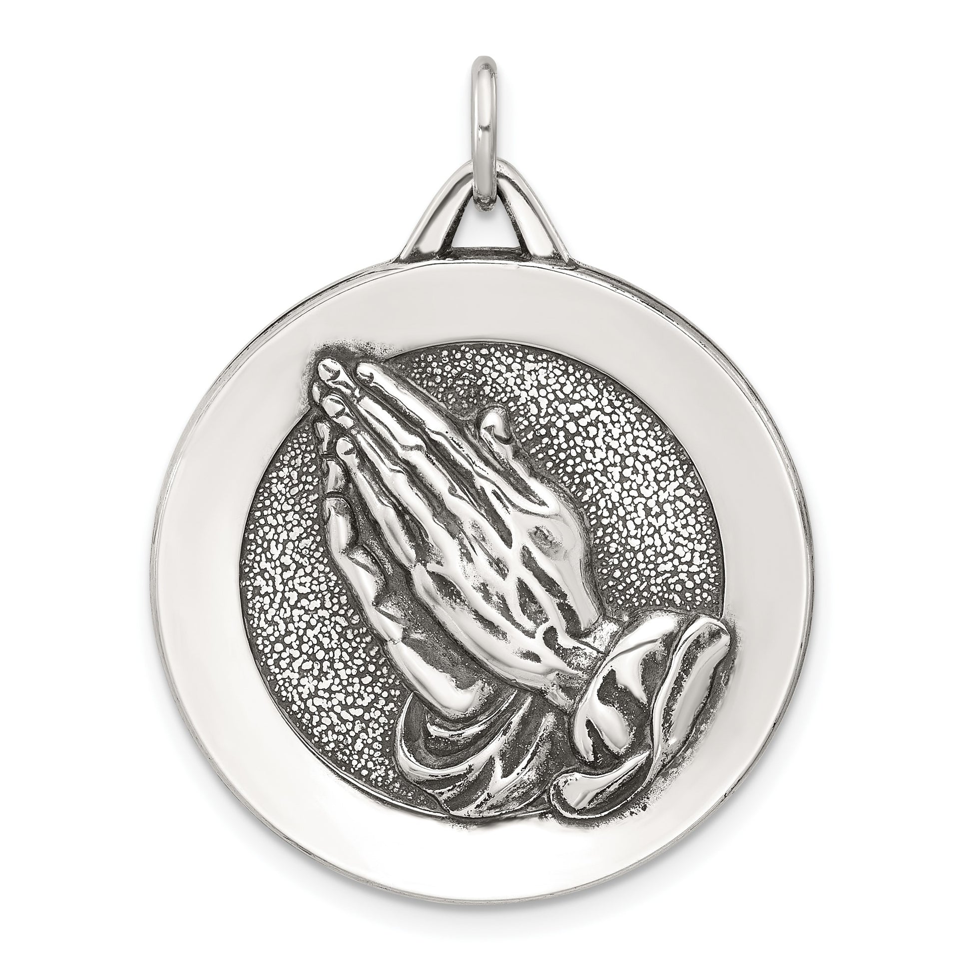 Sterling Silver Antiqued Solid Praying Hands Serenity Prayer Pendant